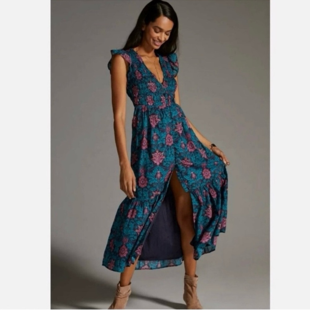 Anthropologie Peregrine Dress Blue and Pink Floral